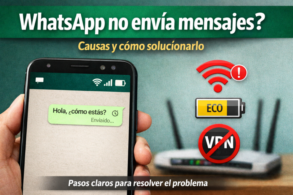 Celular con WhatsApp mostrando mensaje que no se envía por problemas de conexión, batería o red WiFi