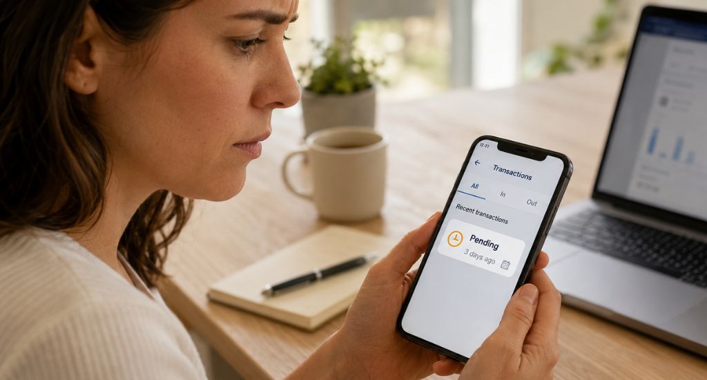 Persona revisando un cargo pendiente durante varios días en su app bancaria.