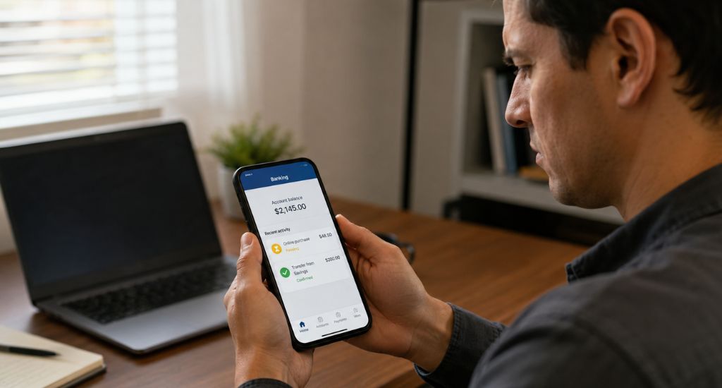 Persona comparando un cargo pendiente y un cargo confirmado en su app bancaria.