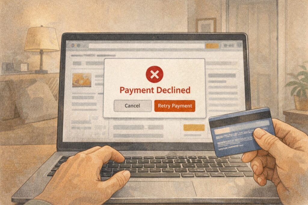 Pantalla mostrando pago rechazado durante una compra en línea
