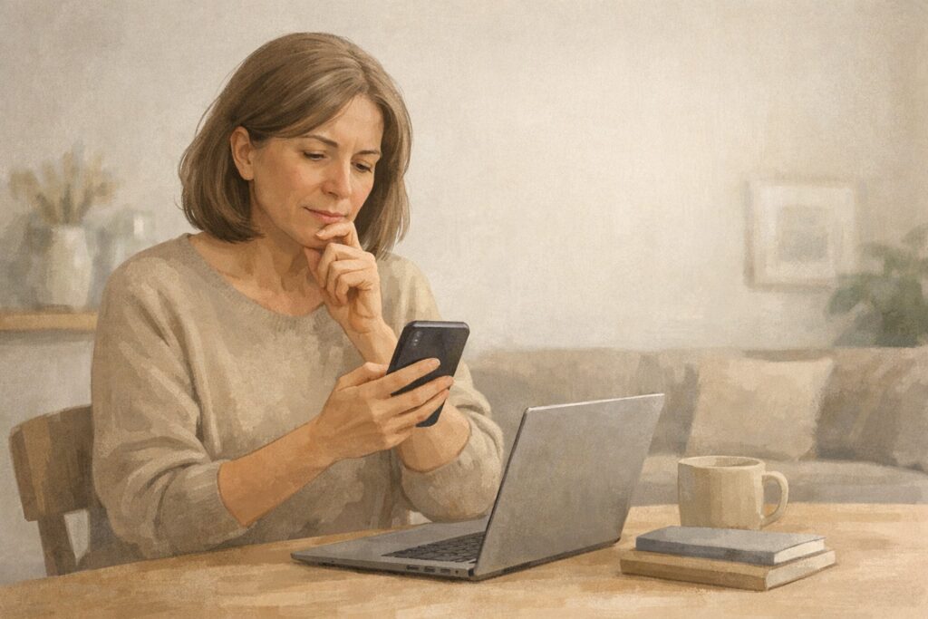 Persona con dudas usando el celular y una computadora al comprar en línea desde casa