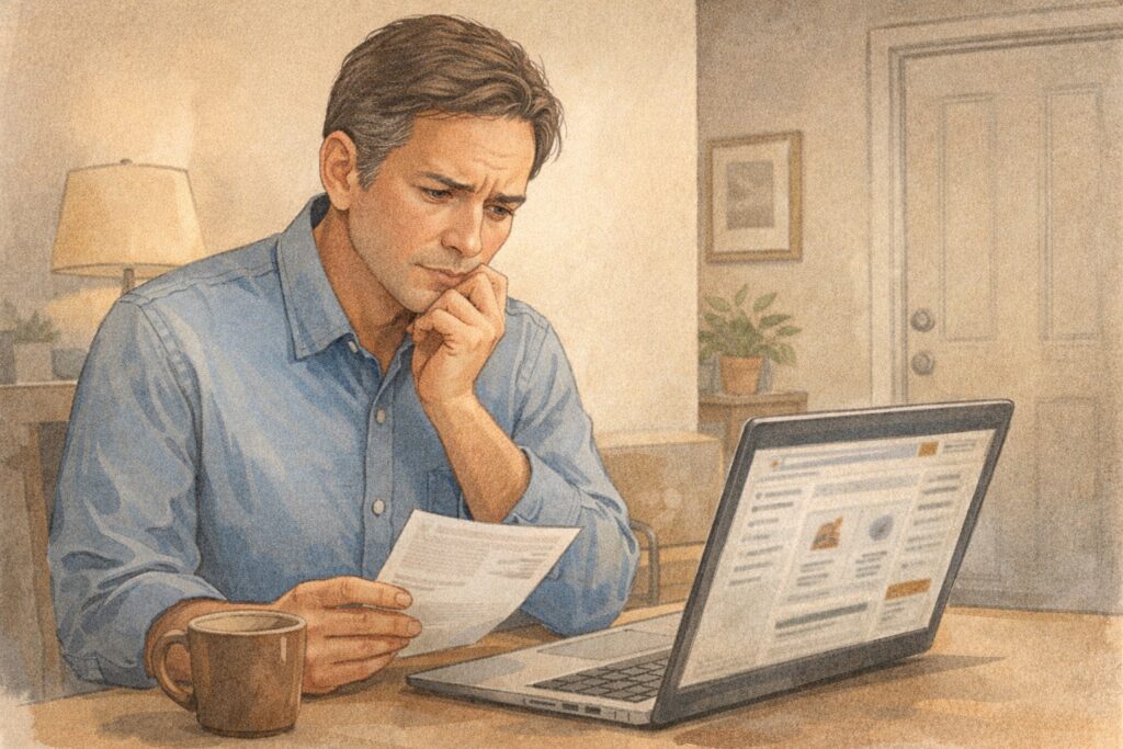 Persona dudando si una tienda en línea es segura antes de comprar