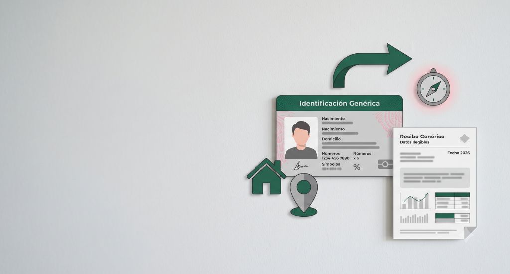 Credencial INE genérica junto a iconos de cambio de domicilio
