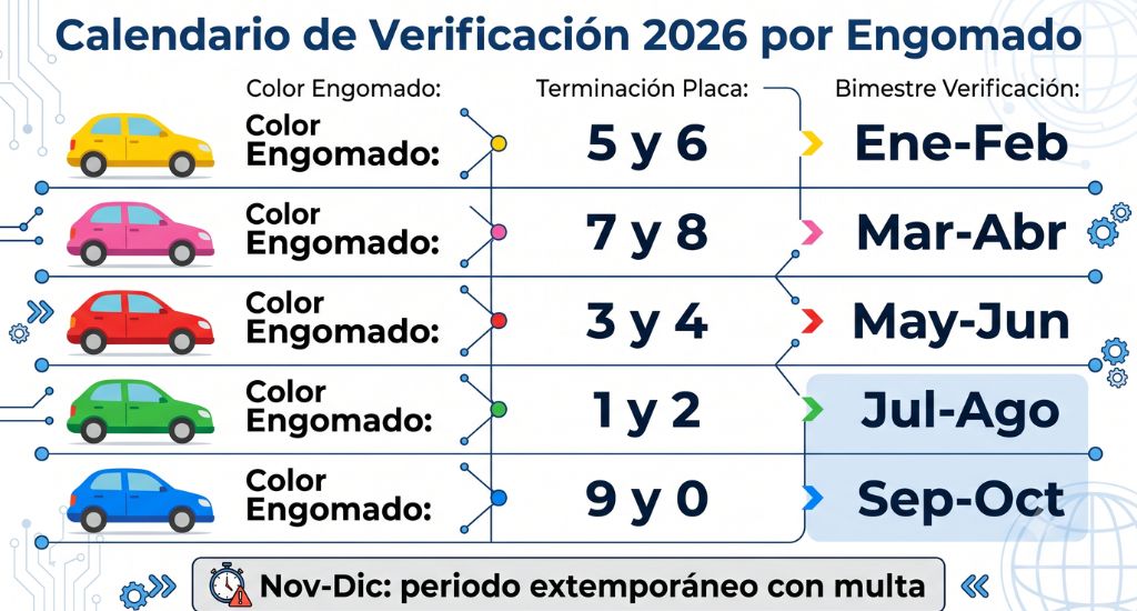 Calendario de verificación vehicular por engomado 2026: Amarillo (5-6) enero-febrero, Rosa (7-8) marzo-abril, Rojo (3-4) mayo-junio, Verde (1-2) julio-agosto, Azul (9-0) septiembre-octubre. Noviembre y diciembre son periodo extemporáneo.