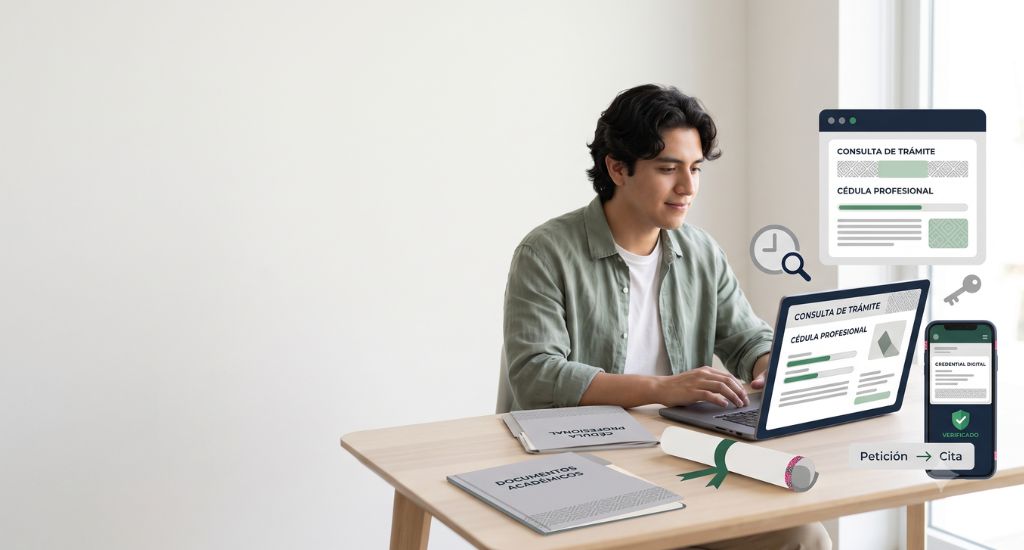 Profesionista consultando el trámite de su cédula profesional en una computadora