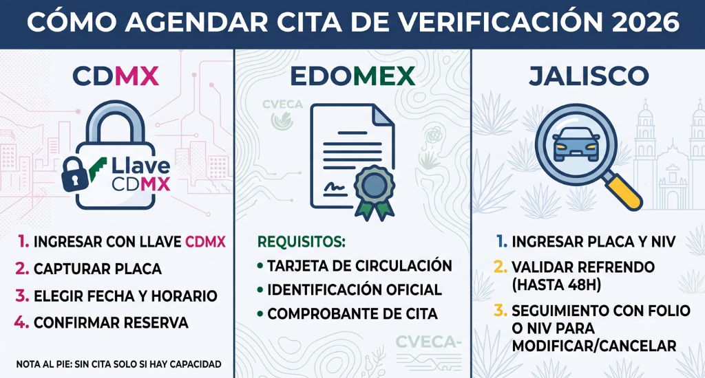 Proceso para agendar cita de verificación en CDMX (Llave CDMX, placa, fecha, confirmar; sin cita solo con capacidad), Edomex (tarjeta circulación, identificación, comprobante cita) y Jalisco (placa, NIV, validación refrendo 48h, seguimiento con folio o NIV).
