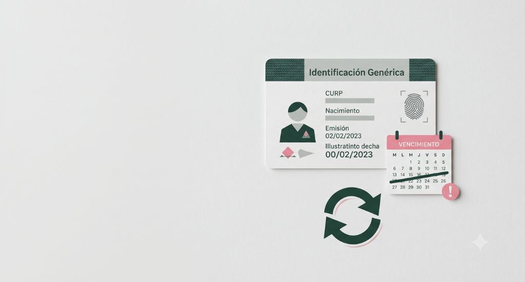 Credencial INE vencida junto a calendario y símbolo de renovación