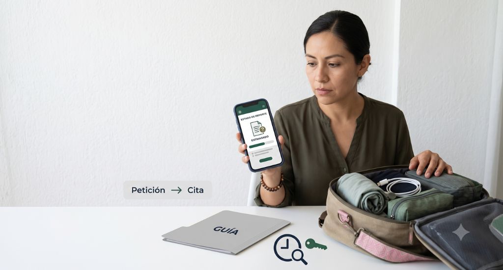 Persona buscando un pasaporte mexicano extraviado junto a su equipaje
