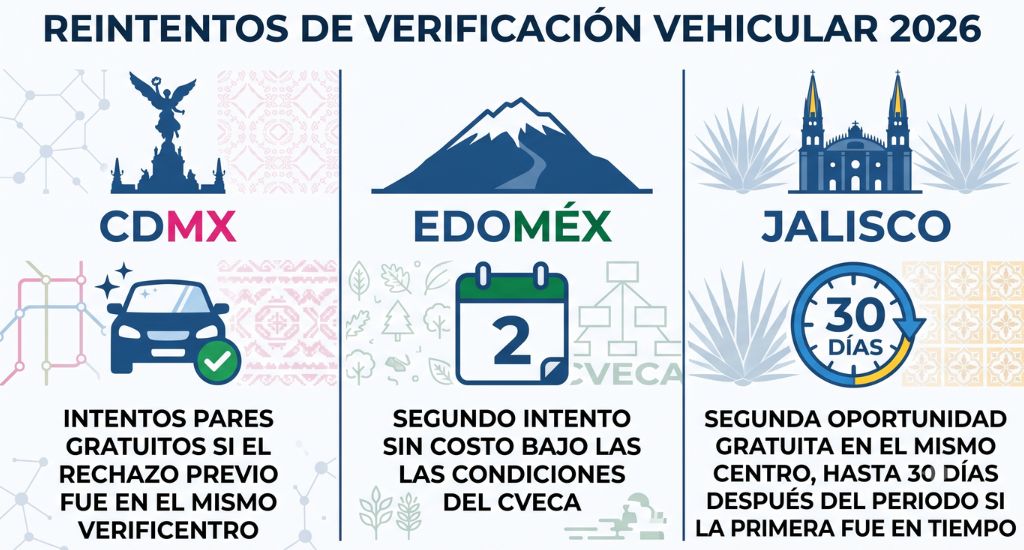 Comparativa de reglas de reintentos de verificación vehicular en 2026: CDMX (intentos pares gratis mismo verificentro), Edomex (segundo intento sin costo bajo CVECA) y Jalisco (segunda oportunidad gratuita en 30 días si la primera fue a tiempo).