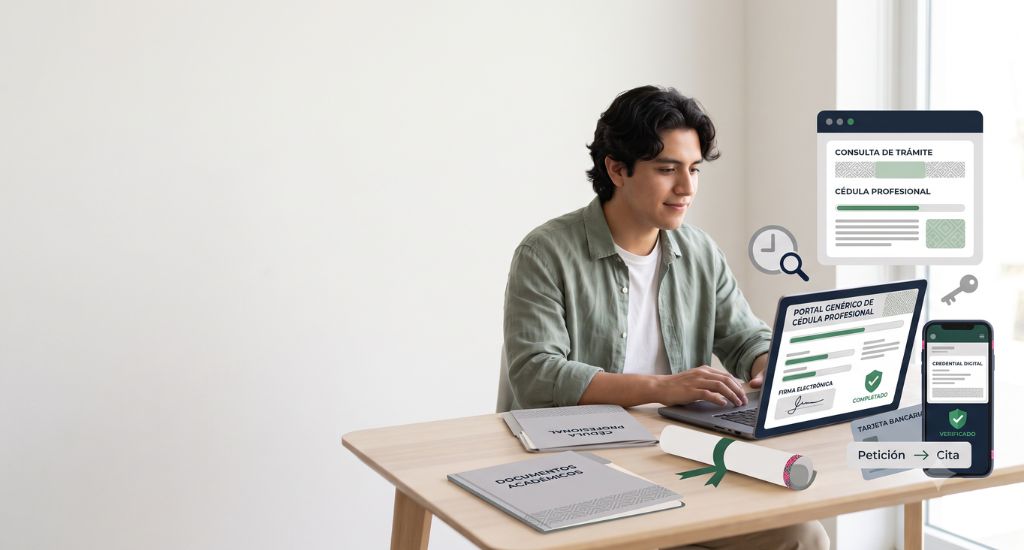 Profesionista tramitando su cédula profesional en línea desde una computadora